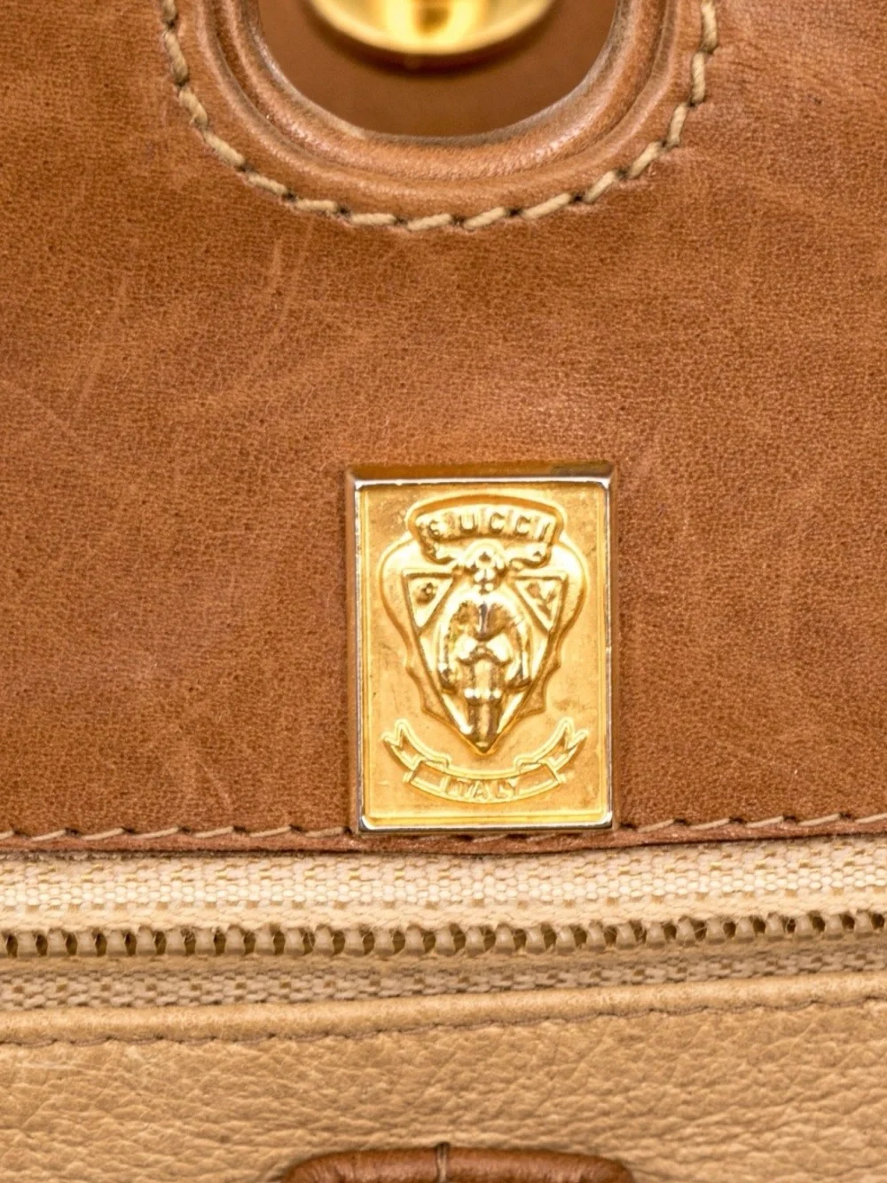 Rare Vintage Gucci Lady Lock Top Handle Bag Tan Leather Italy